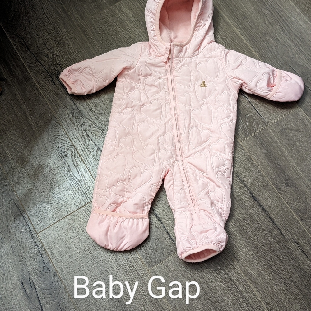 Baby Gap pink lightweight outdoor snowsuit with heart pattern. Size 3 Months